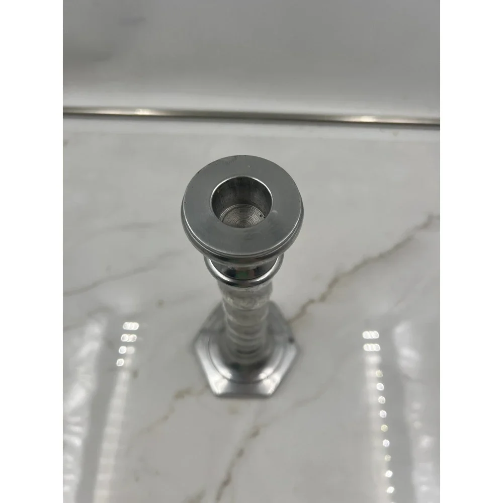 Vintage Pewter Barley Twist Candlestick Holder Hexagon Base 9.25 Inch Silver